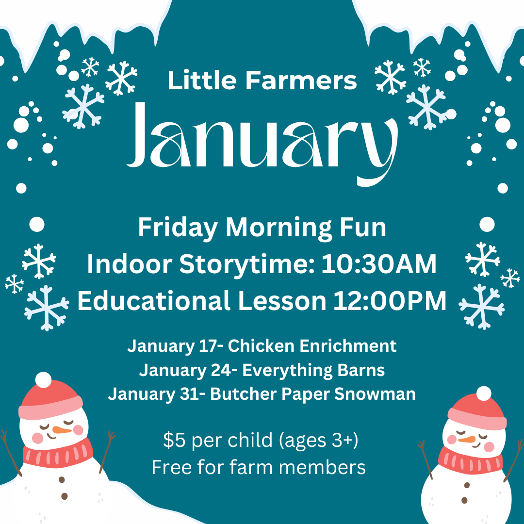 Little Farmers home school enrichment class schedule for January 2025 include classes on chickens, barns and making a paper snowman.