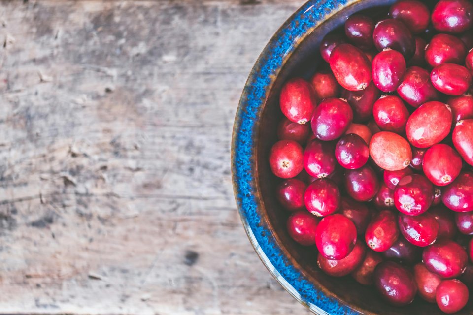 Bowl of cranberries on a wooden surface